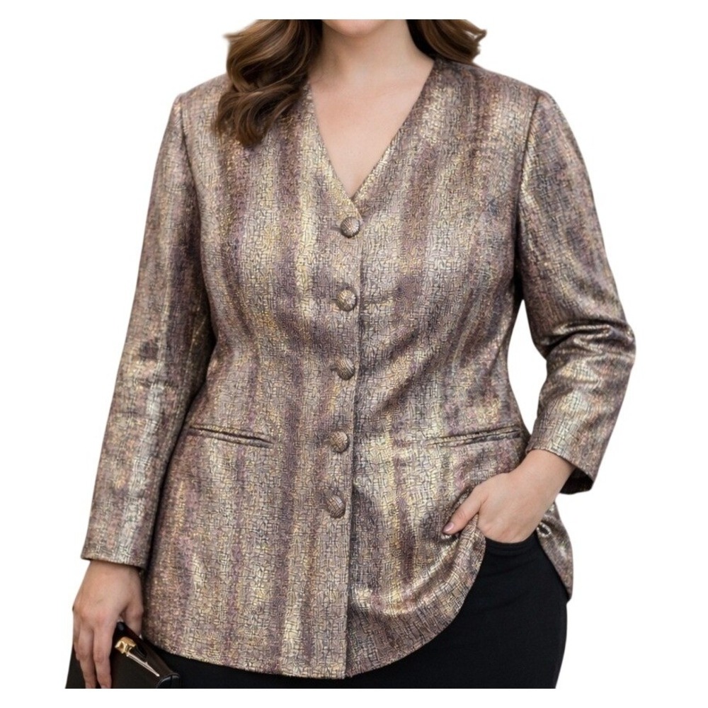 Terramina Womens Jacket Plus 14W Purple Metallic Shimmer Long Statement Suit